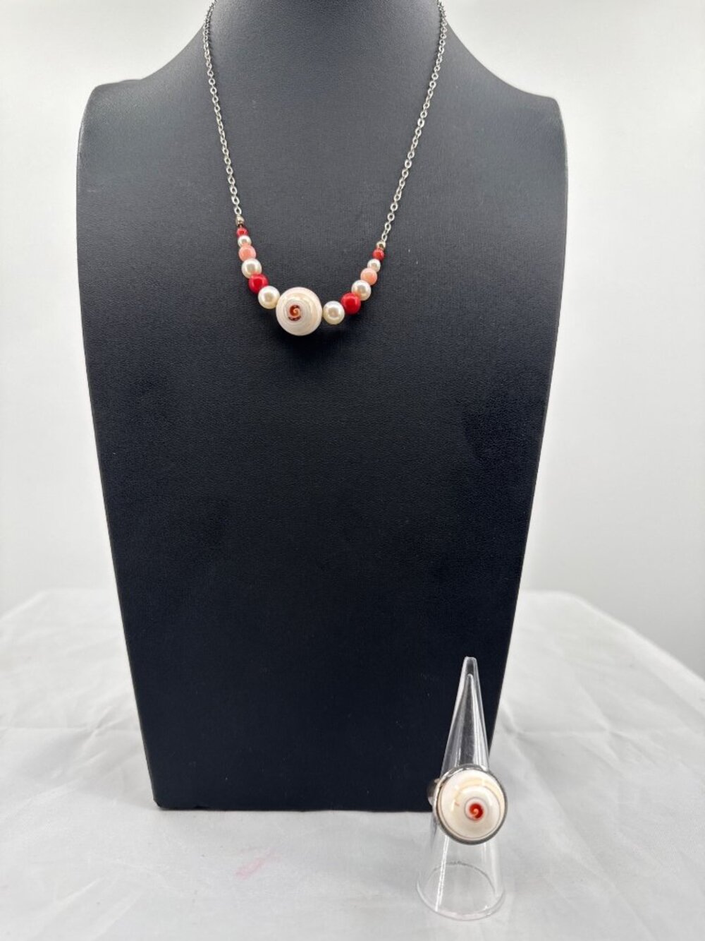 Vintage Red Swirl Art Glass Necklace Ring Set Psych Pop Retro Boho
